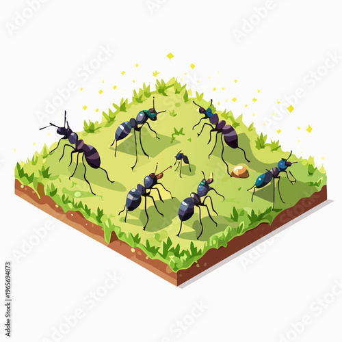 Isometric illustration of a colony of ants working together in a grassy environment