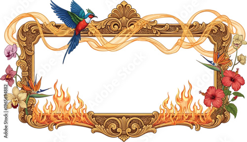 A vibrant, ornate frame with a colorful hummingbird, flowers, and flames on a white background