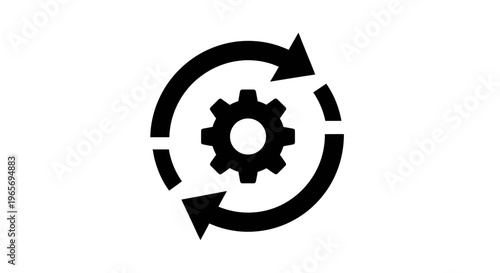 A black gear icon with circular arrows indicating continuous improvement and process optimization Abstrack background