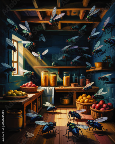 Swarm of flies in rustic pantry with fruit baskets and jars in sunlight, cartoon insect infestation illustration, colorful kitchen art