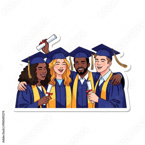 Four happy diverse graduates celebrating their achievement with diplomas and caps.