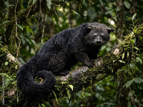 Binturong clings to mossy branch high up in dense tropical rainforest canopy