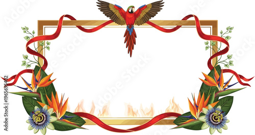 A vibrant parrot flies above a colorful floral frame with red ribbon and tropical flowers.