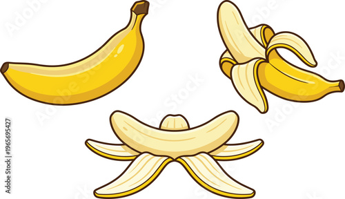 Cartoon banana illustrations showing peeled, partially peeled, and fully peeled fruit stages with bright yellow color and detailed design