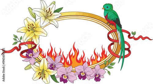 A vibrant illustration of a parrot perched on a golden frame surrounded by flowers and flames