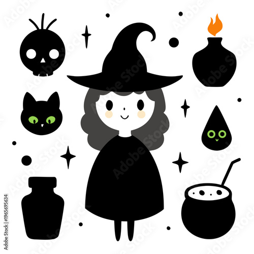A centered white-faced witch with grey hair and black clothing surrounded by various magical icons isolated on a white background.