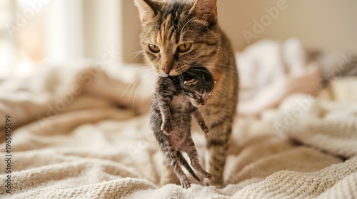 Mother cat gently carries her tiny newborn kitten by the scruff