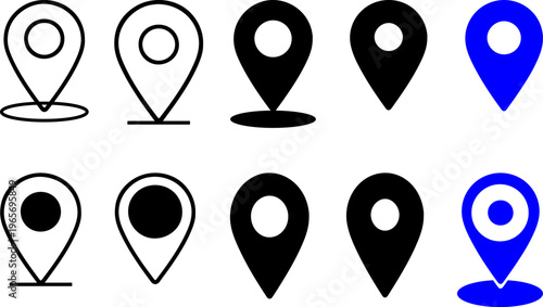 Pinpoint Precision: Set of location pin icons, showcasing direction, navigation, and mapping across various interfaces