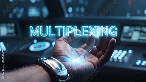 A glowing digital interface displaying the word multiplexing hovers above an open hand in a futuristic control room
