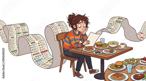 A cartoon woman overwhelmed by restaurant menus and food.