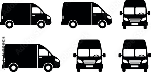 Delivery van silhouette set, cargo vehicle icons, commercial transport illustration, logistics fleet collection, black van symbols, front and side views