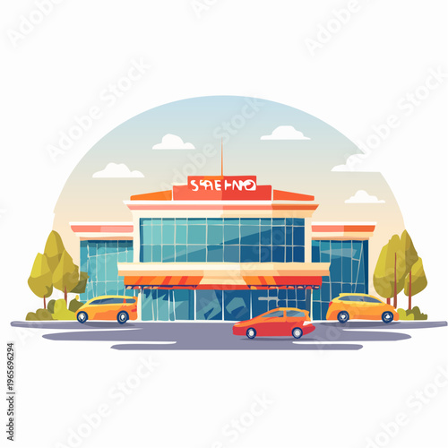 Modern retail shopping center illustration with parked cars, representing urban commerce and consumer convenience