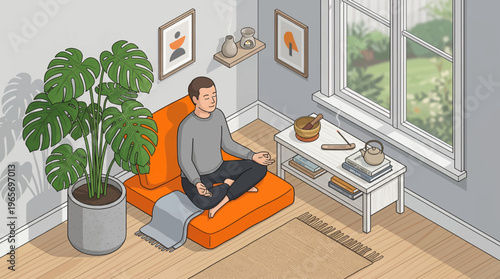 Isometric illustration of a man meditating in a peaceful room with a large monstera plant and zen decor