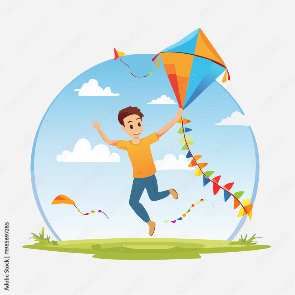 Fototapeta premium Happy boy flying kite outdoors with colorful kite on a sunny day