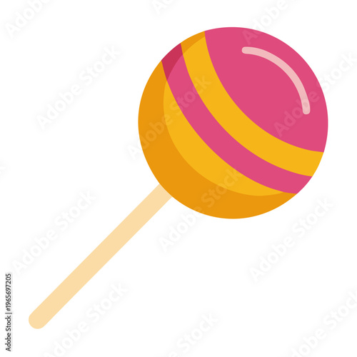 A colorful vector illustration of a spherical striped lollipop with pink and orange bands on a light tan stick over a white background.