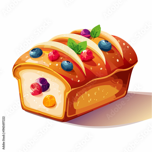 Delicious loaf of freshly baked bread topped with fresh berries and mint leaves