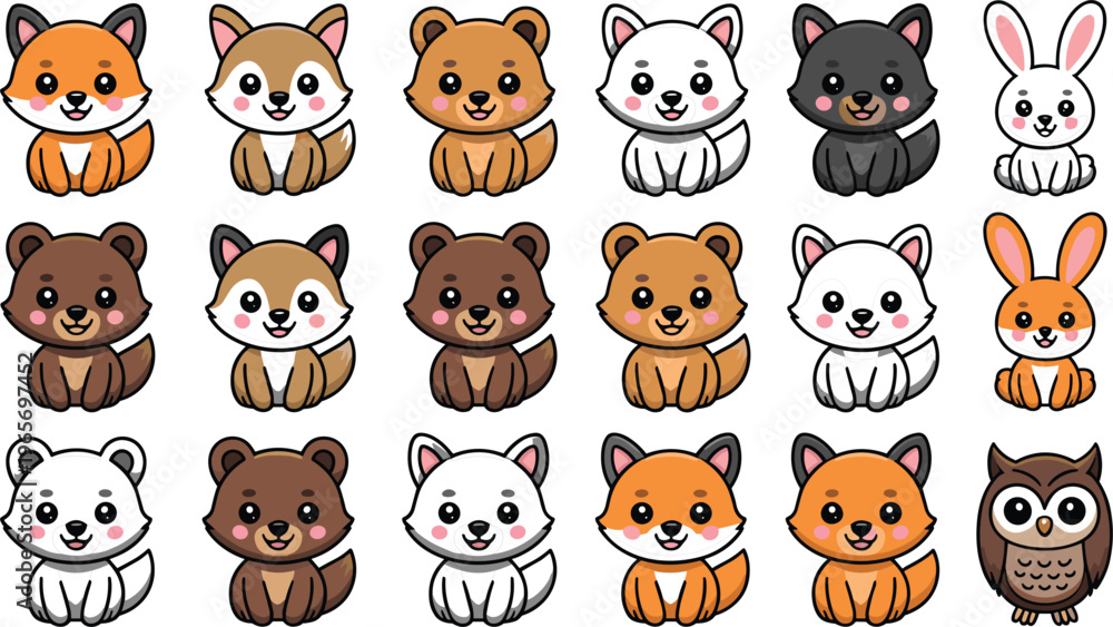 Obraz premium Collection of Cute Cartoon Animal Icons: Fox, Bear, Rabbit, Owl, and Cat, Kawaii Style