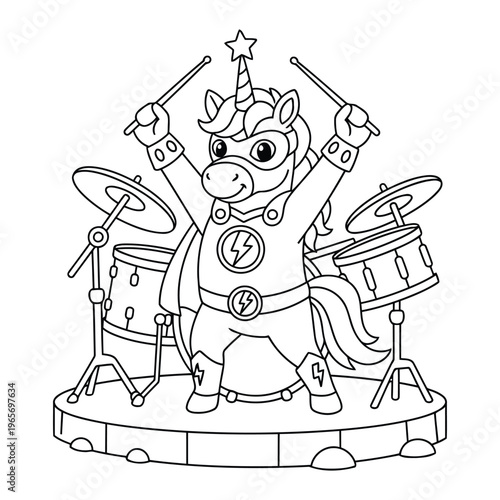 Unicorn coloring page playing drums with drumsticks on stage