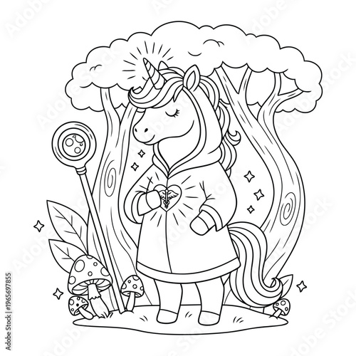 Unicorn coloring page magical forest healer with staff and glowing heart