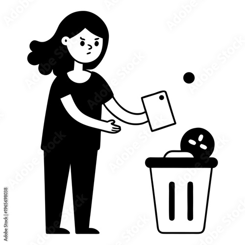 A black and white graphic illustration of a woman throwing a book and a ball into a trash can with a frustrated facial expression.