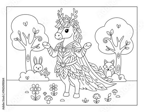 Unicorn coloring page with forest fairy costume surrounded by forest animals and plants