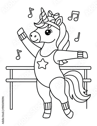 Unicorn coloring page with ballet pose and barre for kids