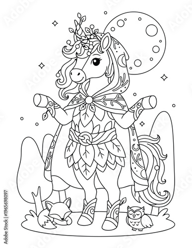 Unicorn coloring page with forest fairy costume and whimsical moon scene