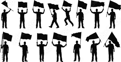 Set of silhouettes featuring men holding flags, protesters, supporters, and demonstrators waving banners isolated on white background for political design