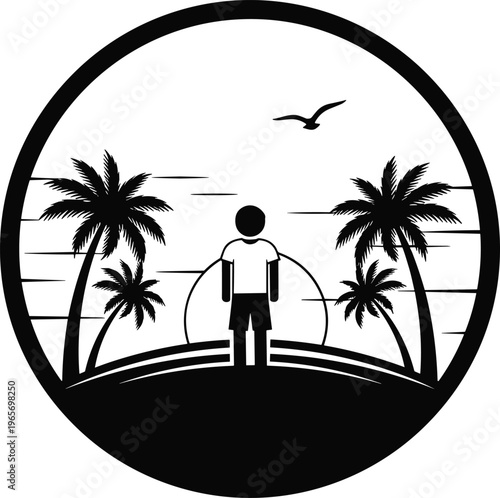 Silhouette of a man standing on a beach with palm trees and sunset, tropical island vacation scene in circular frame.