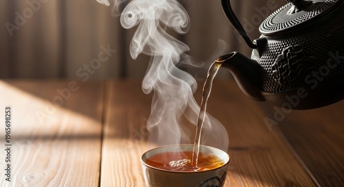 Steaming cup of tea being poured.