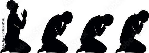 Praying man silhouette collection, kneeling person worship poses, religious faith concept, spiritual devotion illustration, human prayer positions, isolated black figures set