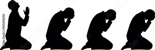 Praying man silhouette set, kneeling person in prayer, religious worship concept, spiritual devotion illustration, human faith pose, isolated black figures