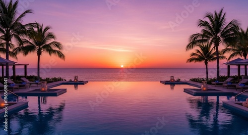 Tropical resort pool at sunset paradise.