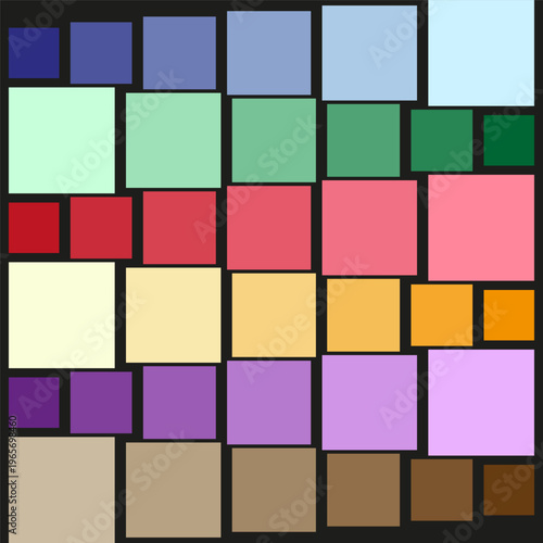 Colorful square set. Palette Vector grid. Black background detail. Geometric tile layout. Manual vector only. No autotrace used.