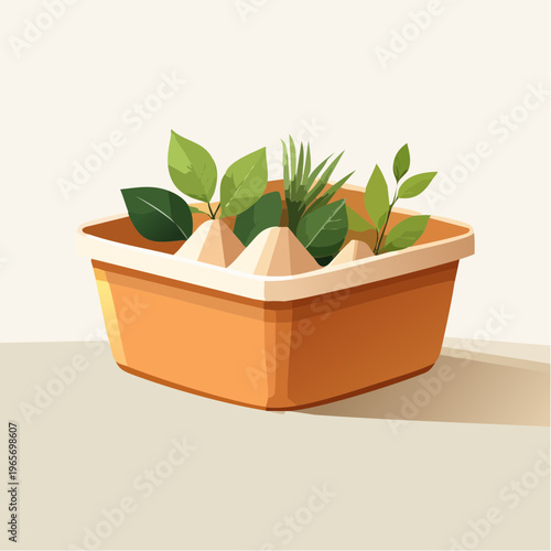 Orange planter with green plants and sprouts for indoor gardening
