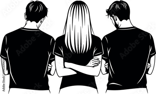 Three friends silhouette from back, friendship and support concept, human connection, group unity illustration, social bonding, teamwork relationship, isolated people design