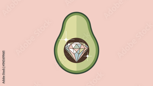 Avocado half with a sparkling diamond inside on a pink background gemstone