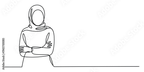 Continuous line drawing of a confident woman wearing a hijab with her arms crossed in a steady pose
