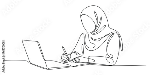 Continuous single line drawing of a woman wearing a hijab sitting and writing while using a laptop