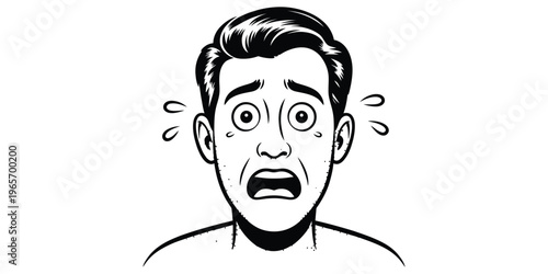 A black and white line art illustration of a man with a wide eyed expression of shock and terror