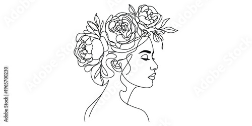 Minimalist continuous line art drawing of a beautiful woman adorned with blooming peony flowers