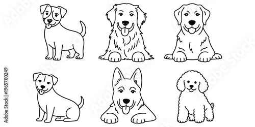 A collection of various cute dog breeds illustrated in a simple black and white line art style