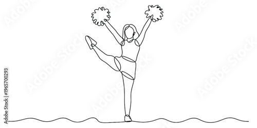 Continuous line drawing of a joyful cheerleader performing a high kick with fluffy pom poms held
