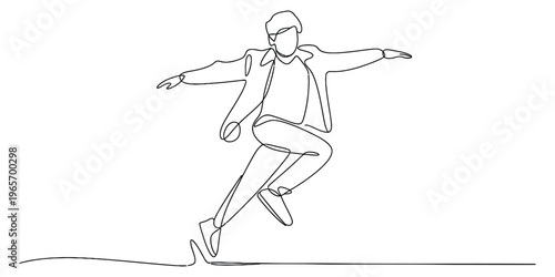 Minimalist continuous line drawing of a young man jumping in the air with joyful active movement