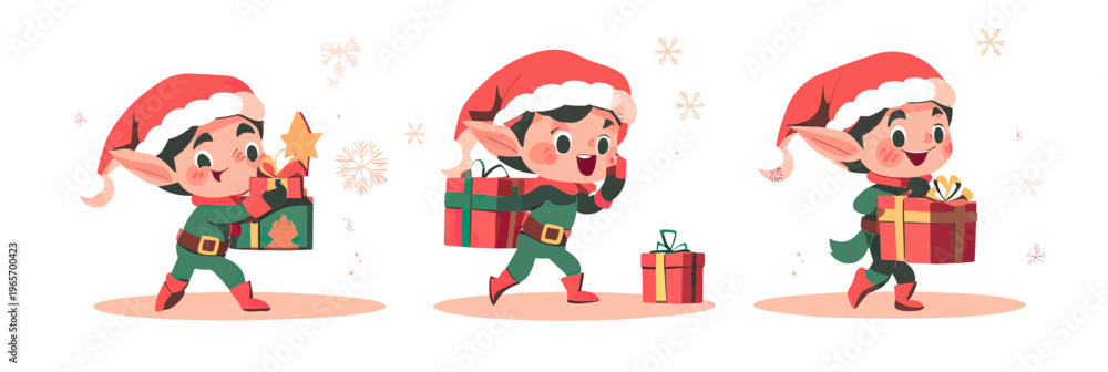 Fototapeta premium Christmas elf characters carrying and delivering colorful holiday gift boxes with festive hats and joyful expressions in flat minimalist vector style