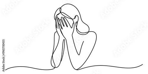 Continuous line drawing of a sad woman covering her face with both hands in a gesture of despair