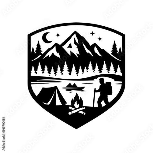 Black silhouette of a camping scene with mountains, trees, and a tent under a starry night sky with a hiker and campfire.