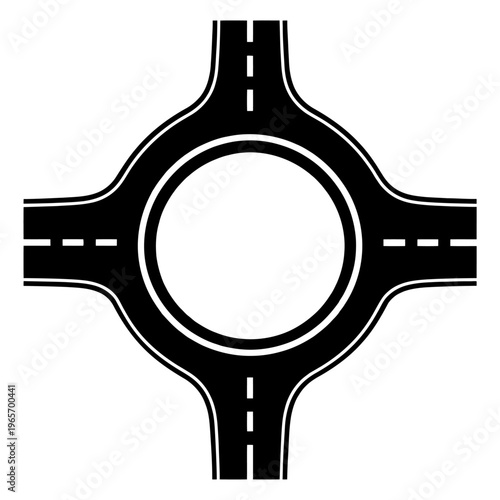 Black and white illustration of a roundabout road junction with four lanes