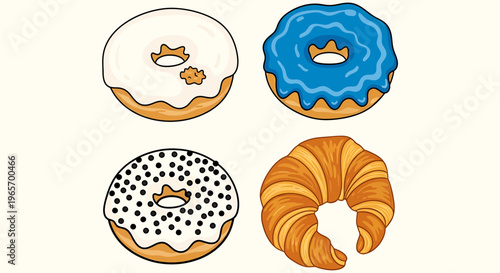 Variety of sweet donuts and a croissant pastry on beige background