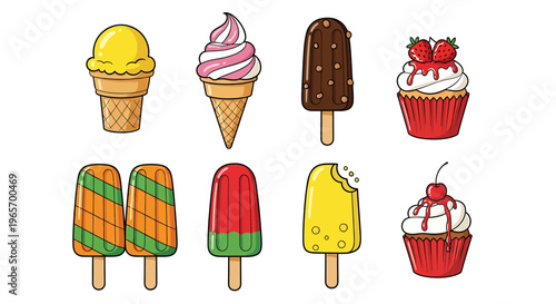 Colorful illustrations of various ice cream and cupcake desserts on white background